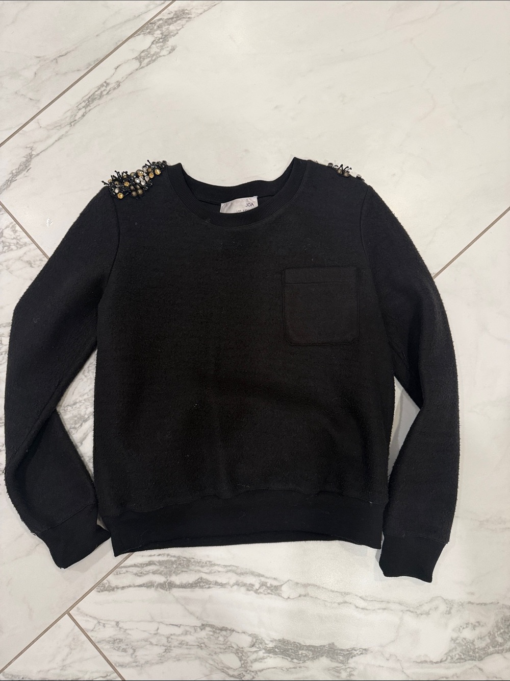 J.O.A. Black Crewneck Sweater with Bead-Embellished Shoulders